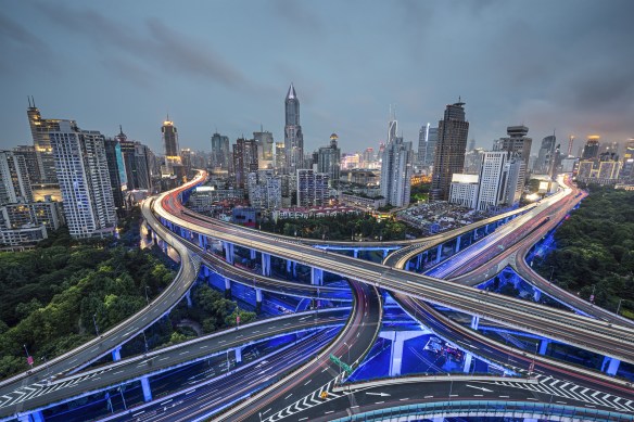Shanghai, China aerial view over Yan'an Elevated Highway.